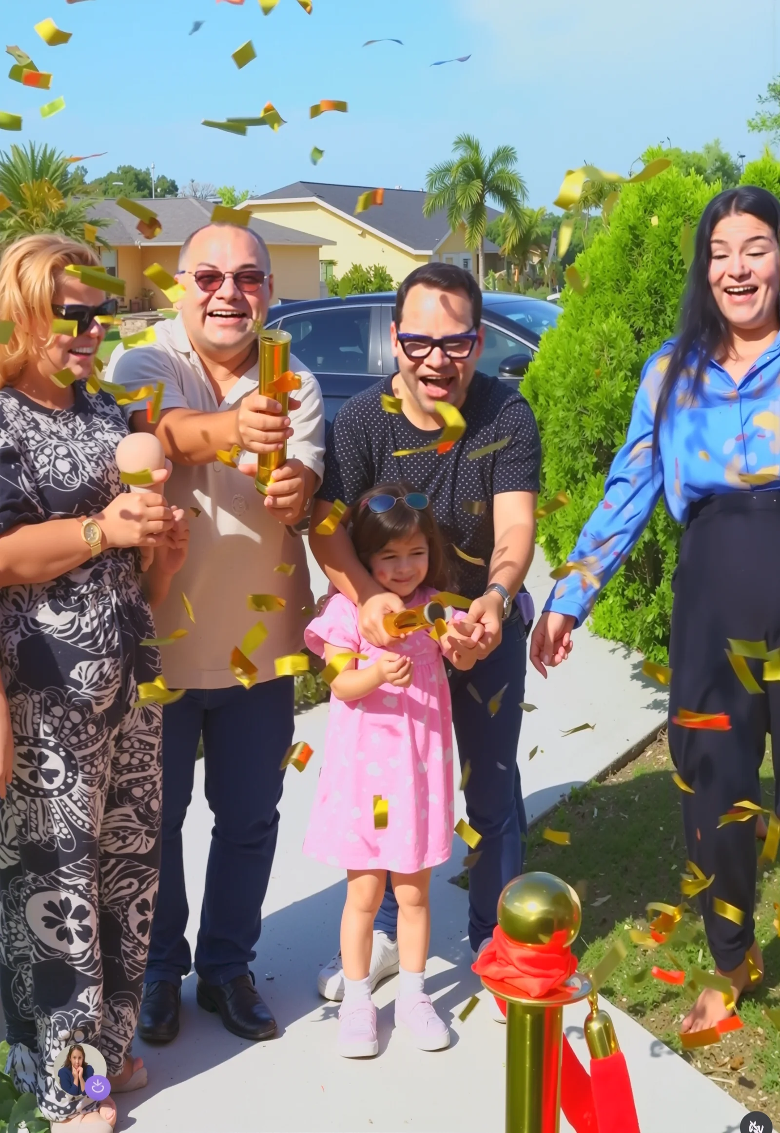 Clients and the Olea team celebrating outside a home with confetti